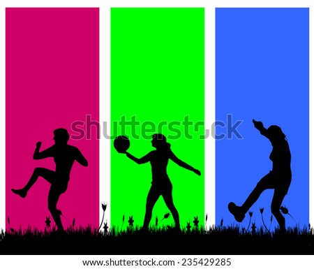 Vector silhouette of people who exercise on a colored background.