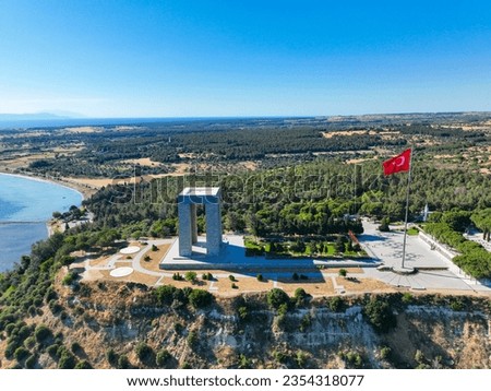Canakkale - Turkey, Gallipoli peninsula, where Canakkale land and sea battles took place during the first world war. Martyrs monument and Anzac Cove. Photo shoot with drone in sunset landscape.