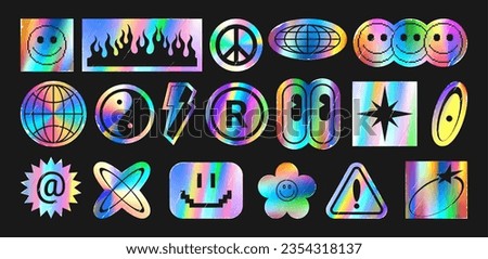 Set of holographic retro futuristic stickers. Vector illustration with iridescent foil adhesive film with symbols and objects in y2k style. Glued holographic crumpled labels with grunge effect. Royalty-Free Stock Photo #2354318137