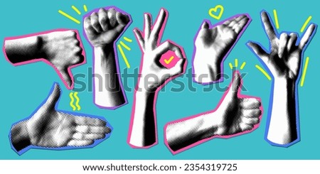 Set of retro halftone hands. Paper cutout elements with hands gesture. Y2K style. Trendy vintage newspaper parts. Torn paper. Halftone collage elements. Dotted pop art style. Like, punk, ok symbol Royalty-Free Stock Photo #2354319725