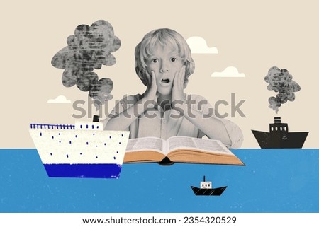 Creative composite photo collage of ecstatic impressed boy read excited adventure story about sailors isolated on drawing background