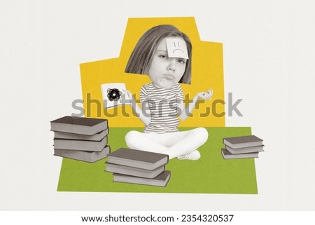 Collage of offended young teenage girl holding paper sheet drawing grimace sad mood read books boring isolated over painting background