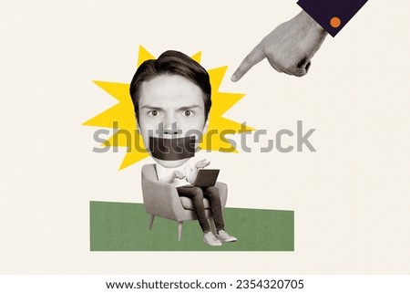 Composite creative photo collage of finger directing at speechless man sit with laptop got ban in social media isolated painted background Royalty-Free Stock Photo #2354320705