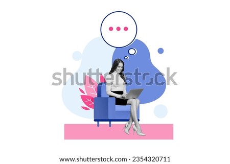 Picture image sketch collage of beautiful lady sit chair office room home send letter copyspace textbox isolated on drawing background