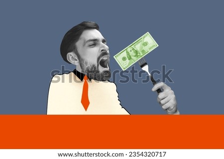 Creative artwork cashback collage illustration of funny absurd huge comics head businessman fork eating dollar isolated on blue background