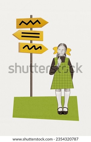 Photo artwork vertical collage little funny girl pupil guessing maths lesson thinking test exam counting elements over creative background