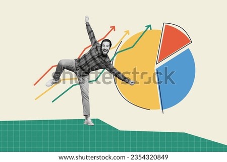 Photo picture collage of excited young funds owner investor pie chart diagram growth graphic profit results isolated over beige background