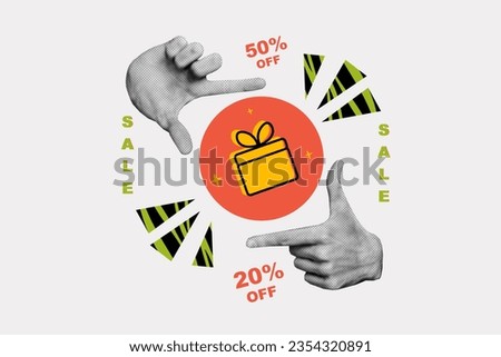 Composite creative poster photo collage of fingers showing gift box in frame announcing shopping sale isolated white color background