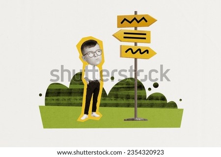 Photo collage of little funny caricature schoolboy guessing maths lesson adding numbers overthinking test exam