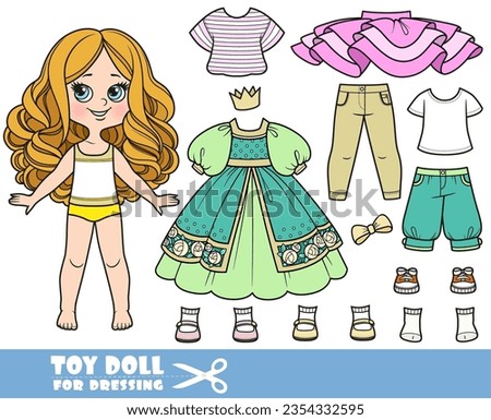 Cartoon girl  with big curls and clothes separately - princess dress,crown, shirts, boots, jeans and sneakers doll for dressing Royalty-Free Stock Photo #2354332595