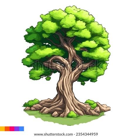 Vector Cartoon illustration Of A Large Trunked Forest Tree With Green Leaves Isolated On A White Background ✦ EPS 10