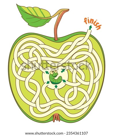 Help the caterpillar through the maze inside the apple. Children logic game to pass the maze. Educational game for kids. Attention task. Choose right path. Funny cartoon character. Isolated on white