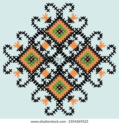 A cross stitch pattern with orange and black squares