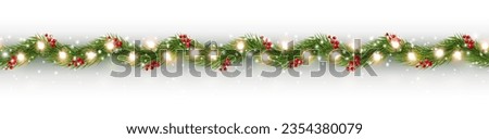 Border with green fir branches, gold lights and red berries isolated on white background. Pine, xmas evergreen plants seamless banner. Vector Christmas tree garland decoration