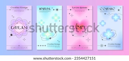 Vector insta story gradient templates with linear shapes,heart,blurred sparkles,copy space for text in 90s style.Smm banners in y2k aesthetic.Designs for social media marketing,branding,packaging Royalty-Free Stock Photo #2354427151