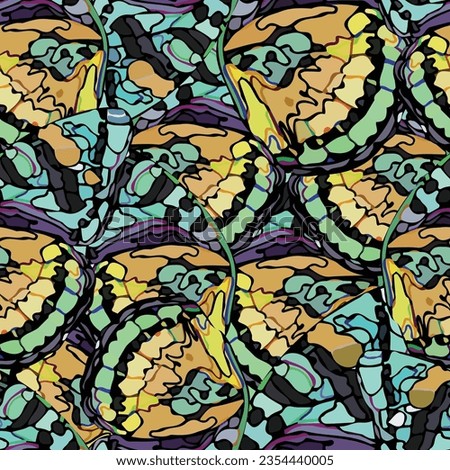 Abstract butterfly and colorful geometric seamless textile print pattern. colored Textured Pattern. Creative doodle with different shapes and textures. Curved doodling background
