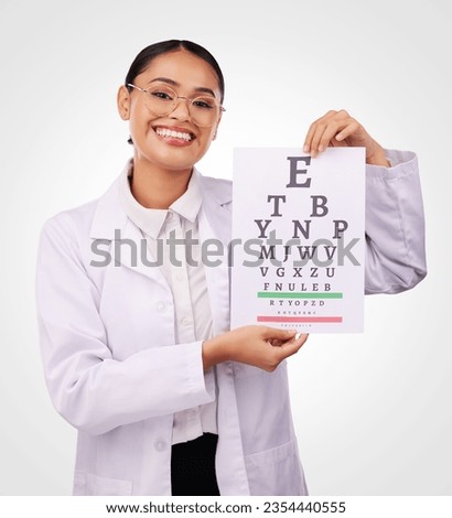 Eye exam, chart and letter, vision and woman in portrait, optometrist and health isolated on white background. Assessment, diagnosis and healthcare with optometry, glasses and doctor in a studio