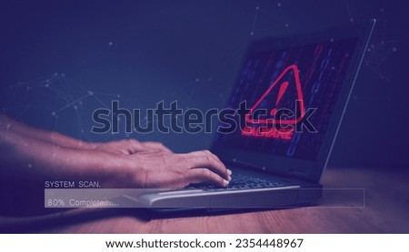 Cyber security and protection concept, Programmer scanning for computer virus or malware found on laptop computer, Prevention of destruction or theft of information in computer network systems. Royalty-Free Stock Photo #2354448967