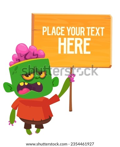 Cartoon zombie holding wooden sign. Vector illustration isolated. 
Halloween design element for banner, postcard, poster