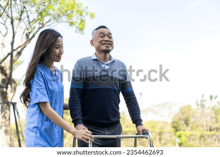 Portrait of smiling caring asian nurse service help support discussing and consulting taking care with senior elderly asian man at home visit.senior retirement home care concept