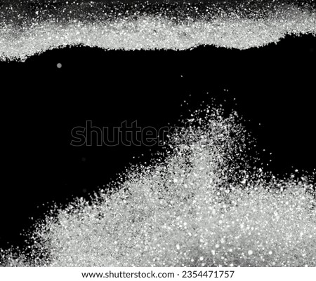 Explosion metallic silver glitter sparkle. Silver Glitter powder spark blink celebrate, blur foil explode in air, fly white glitters particle. Black background isolated, selective focus Blur bokeh Royalty-Free Stock Photo #2354471757