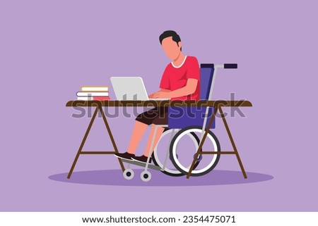 Cartoon flat style drawing of young man employee in wheelchair working with computer in office desk. Online job and startup concept. Physical disability and society. Graphic design vector illustration