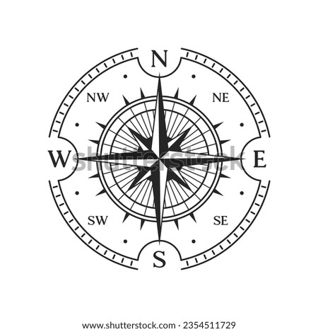 Old compass, vintage map wind rose star with east, west north and south arrow directions, vector symbol. Marine navigation and nautical travel compass or windrose of sail cartography and seafaring Royalty-Free Stock Photo #2354511729