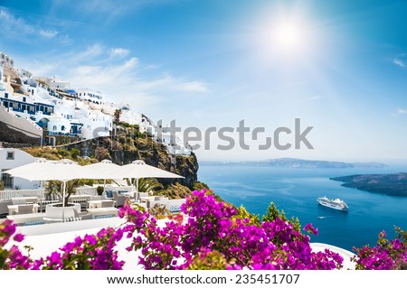 White architecture on Santorini island, Greece.  Beautiful landscape with sea view Royalty-Free Stock Photo #235451707