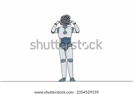 Continuous one line drawing robot with round scribbles instead of head, covering his ears with fingers avoiding loud noise. Robotic artificial intelligence. Single line draw design vector illustration