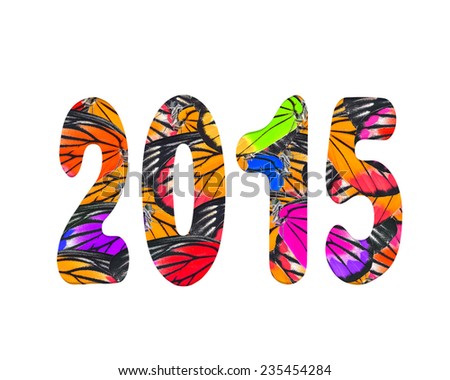 2015 number pattern made from colorful butterfly wing. isolated on a white background
