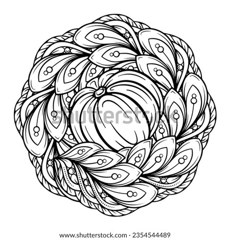 Black and white autumn ornament. Pumpkin and autumn floral motifs coloring page