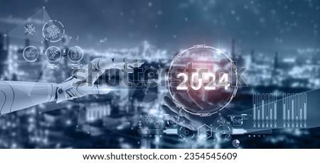 New technology trends in 2024 concept. Initiative innovation and technology. Digital and technology transformation in business and industry. 3D rendering AI robot and human hand on digital background. Royalty-Free Stock Photo #2354545609