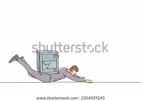 Single one line drawing depressed businessman under heavy safe deposit box burden. Money loss in pandemic crisis, company cannot pay for debt and bankruptcy. Continuous line design vector illustration