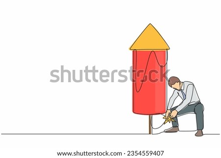Single continuous line drawing businessman launching firework rocket. Grow business, boost investment profit or earnings, increase growth or economic boom. One line graphic design vector illustration