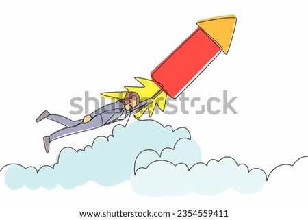 Single one line drawing businesswoman fly on firework rocket while looking at business opportunities. Excited employee searching for project innovation. Continuous line draw design vector illustration