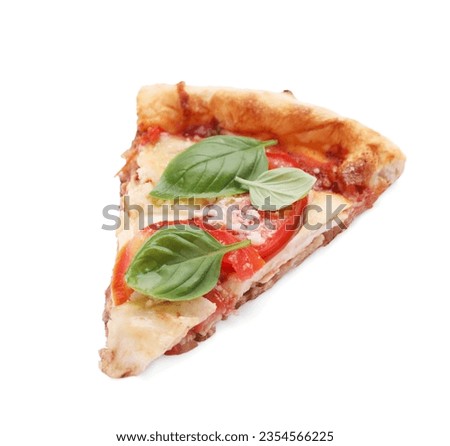 Piece of delicious Caprese pizza isolated on white