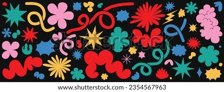 Flower and cloud shapes geometric abstract sticker pack  in trendy retro 90s 00s cartoon style.. waves, loop, star,  bubble, funky flower, Groovy.  with wavy and spiral elements Vector illustration. Royalty-Free Stock Photo #2354567963