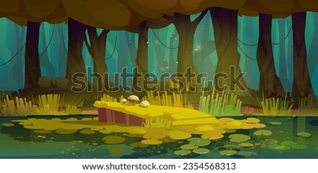 Forest swamp horizontal background - cartoon vector illustration of summer fantasy spooky landscape with trees, lake and water lilies. Jungle game scene of pond with green grass and plants. Royalty-Free Stock Photo #2354568313