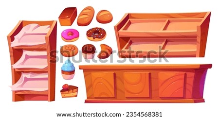 Bakery shop interior with cake, donut and bread showcase cartoon set. Cafe store inside furniture with counter and shelves for dessert display design illustration. Empty shelf for french croissant Royalty-Free Stock Photo #2354568381