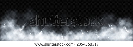 Border made of white smoke and lightning bolts with overlay effect. Transparent frame with fog and thunderstorm or energy charges. Realistic vector illustration of glowing and luminous sparks in fume.