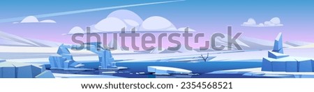 Winter river landscape with ice floes on water surface. Vector cartoon illustration of nordic nature background, arch of white stones, blue and pink sky with clouds, north pole land covered with snow