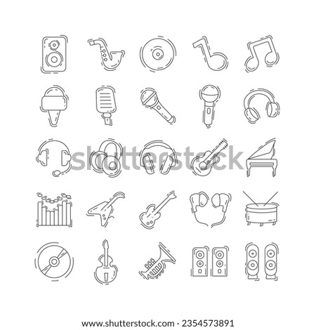 Music thin line icon set with with musical instruments, equalizer, earphones