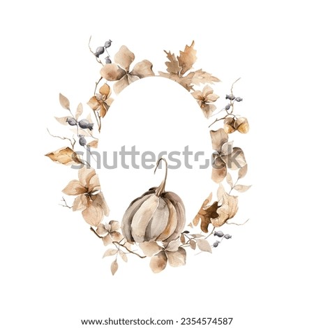 Watercolor floral frame. Hand painted autumn wreath, border of forest leaves, fern, fall leaf, pumpkin, isolated on white background. illustration for card design, harvest print