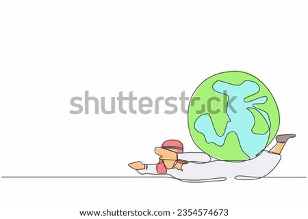 Single continuous line drawing Arab businessman under heavy globe burden. Natural resources, earth exploitation, industrial pollution. World economic crisis. One line draw design vector illustration