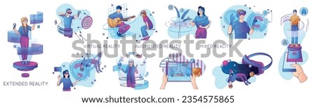 Cyberspace flat set of people using extended virtual augmented mixed reality gadgets isolated vector illustration Royalty-Free Stock Photo #2354575865