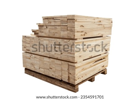 Stack of raw wood isolated on white background with clipping path, Lumber warehouse storage wooden. Timber goods storehouse. wood import-export industry. Royalty-Free Stock Photo #2354591701