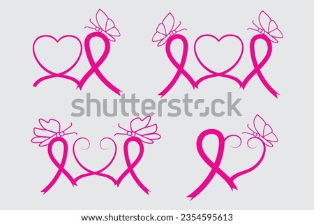 
set of Breast Cancer Awareness Heart Ribbon with Butterfly vector symbol, Fight cancer ribbon logo and heart shape clipart, Hot Pink Color Stop cancer Campaign Svg, Cancer Awareness Month design art