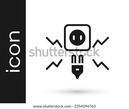 Black Connecting electric plug with electricity spark icon isolated on white background.  Vector Royalty-Free Stock Photo #2354596763