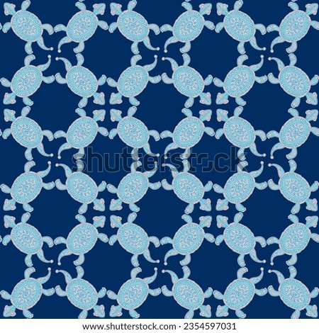 Seamless pattern from ornate turtles with turquoise doodle ethnic ornaments on a dark blue background
