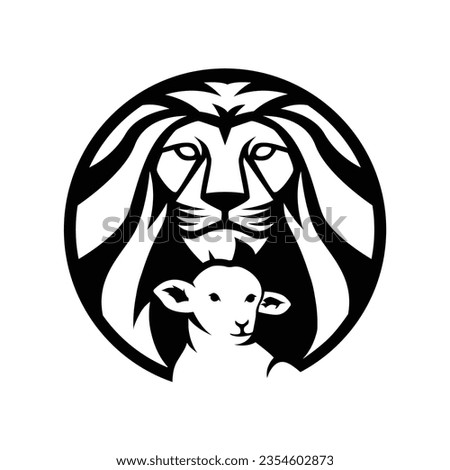 Lion and the lamb Christianity and Judaism. Png vector of a lion's head mascot with a lamb under it. Circular emblem could be used in religious artworks or as a logo for a school. Black and white icon Royalty-Free Stock Photo #2354602873